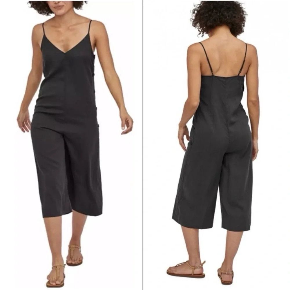 Patagonia June Lake Jumpsuit XS Black Tencel V Neck Button Side Wide Leg